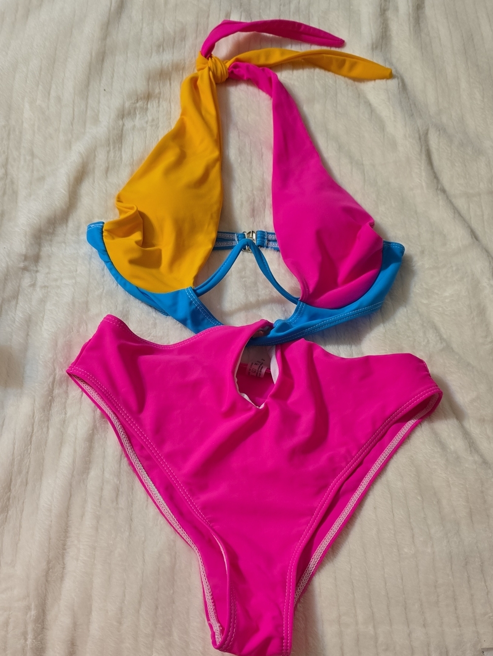 Colorblock Halter Bikini Set - Hot Pink, Yellow & Blue
